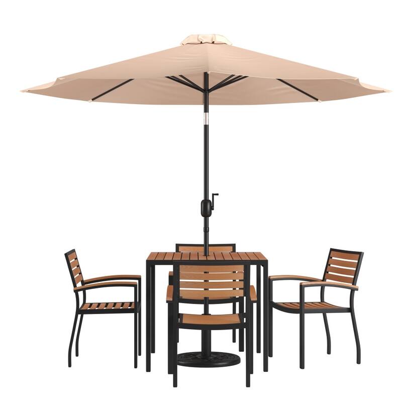 35" Square Faux Teak Patio Table, 4 Chairs and 9FT Patio Umbrella with Base