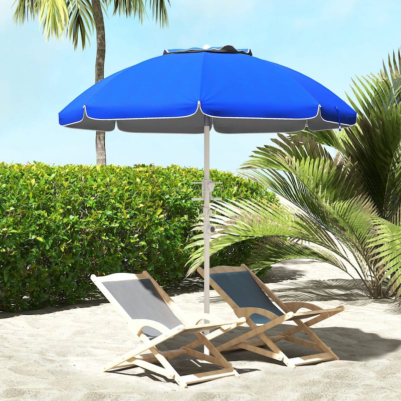 Outsunny 5.7' Portable Beach Umbrella with Tilt, Adjustable Height, 2 Cup Holders, Hook, Ruffled Outdoor Umbrella - Blue