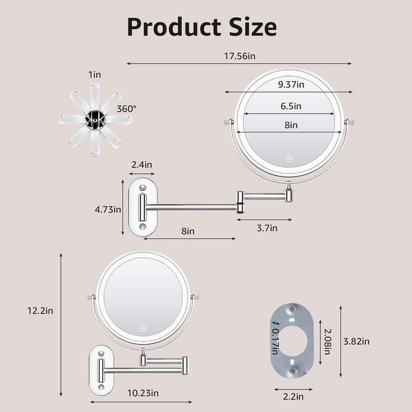 dimension image slide 4 of 6, Yulika Rechargeable Lighted Wall Mounted Makeup Mirror with 3 Color Lights Double Sided 1X/10X or 1X/7X
