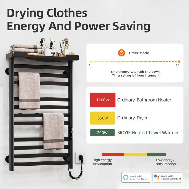 Heated Towel Rack with Shelf and Wi-Fi App Control