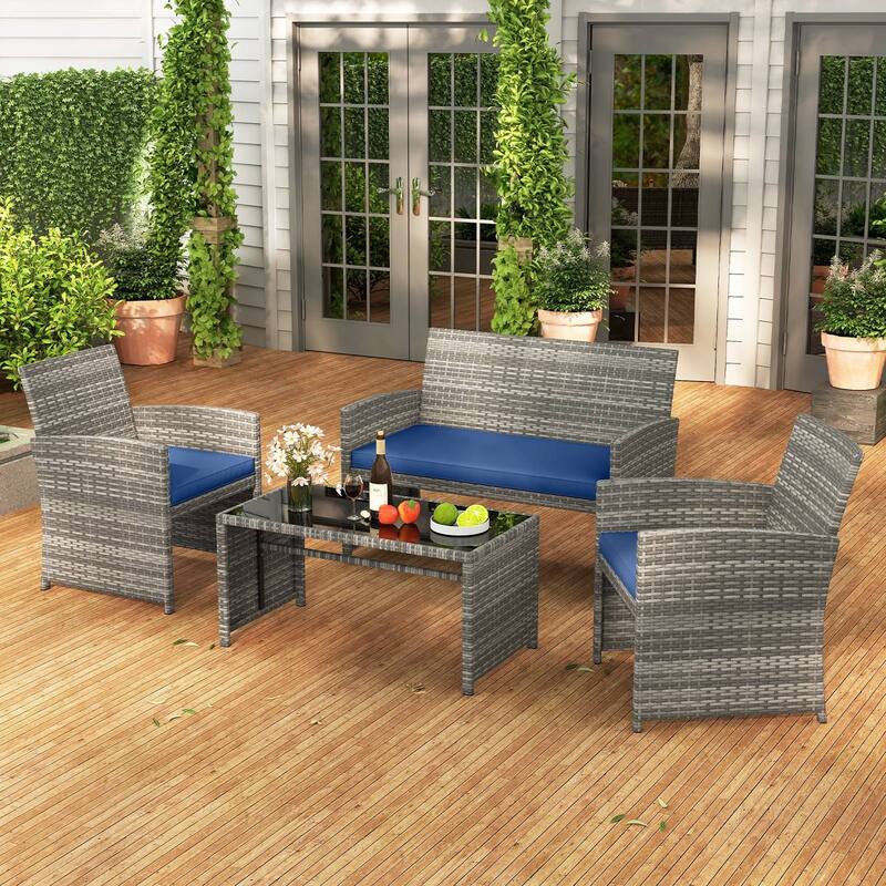 Gymax 4 Piece Patio Furniture Set Outdoor Wicker Conversation Set w/
