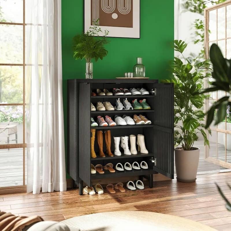 Versatile 6 Tier Shoe Cabinet with Adjustable Shelves Dual Louver Doors Wide Countertop - 33.46" x 13.78" x 43.31"