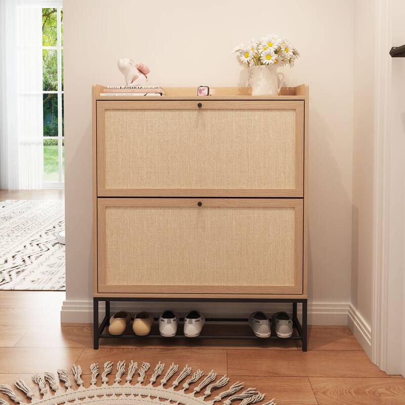 Free-standing Two-tier Flip-out Drawer Wooden Shoe Storage - Natural