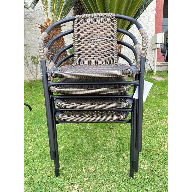 BTEXPERT Indoor Outdoor 28" Square Tempered Glass Metal Table Brown Rattan Trim + 3 Brown Restaurant Rattan Stack Chairs