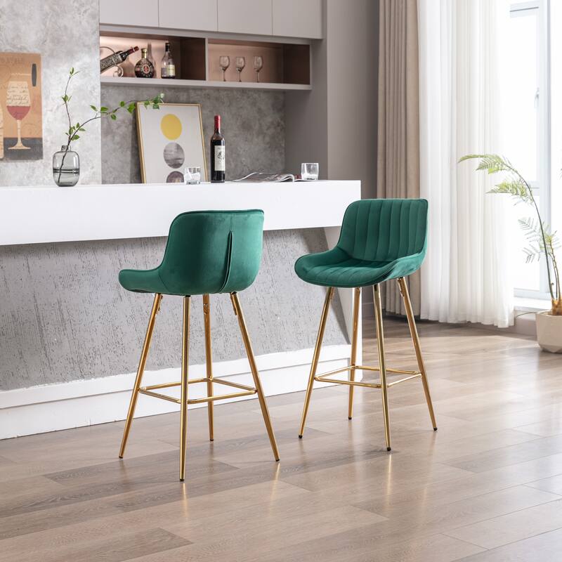 Set of 2 26" Counter Stools, Green Velvet Fabric with Chrome Footrest & Gold Legs
