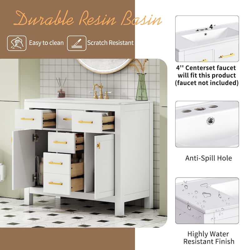 Freestanding 36'' Single Sink Bathroom Vanity with 2 Cabinets & 4 Drawers, Ceramic Top, Modern Shaker Style