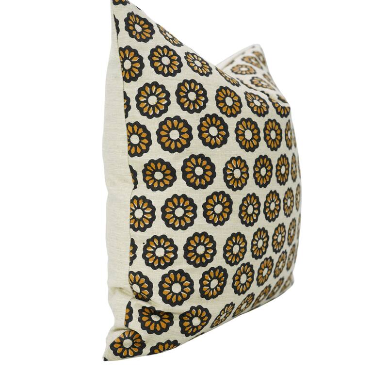 Fabdivine Handcrafted Floral Mustard Cushion Cover for Boho Sofa, Farmhouse Bed or Chair 16x16 Inch Linen Blend, Bulbul