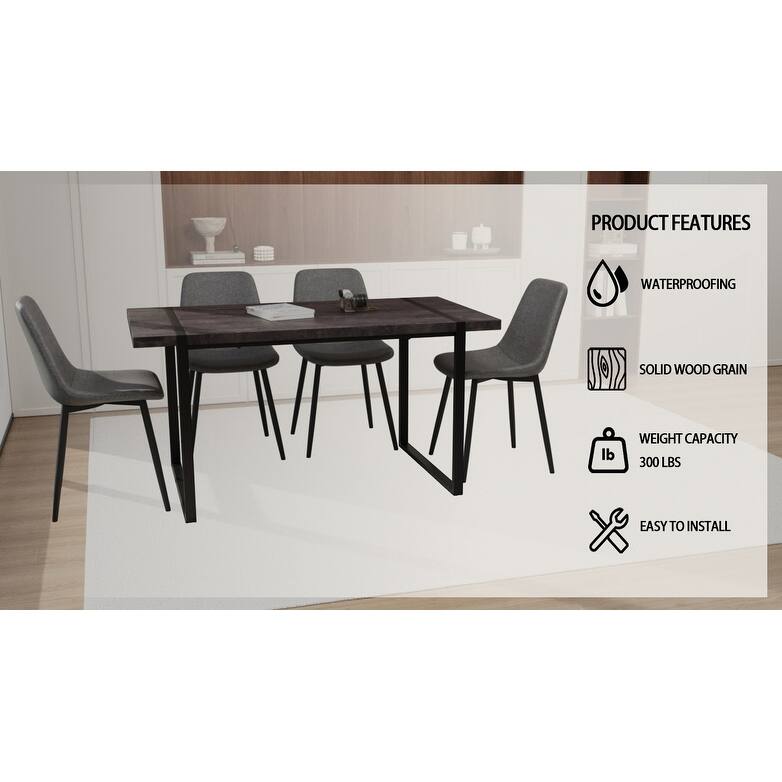 Modern 5-Piece Dining Set with Rectangular Metal Base Table & 4 Square Corner Suede Chairs
