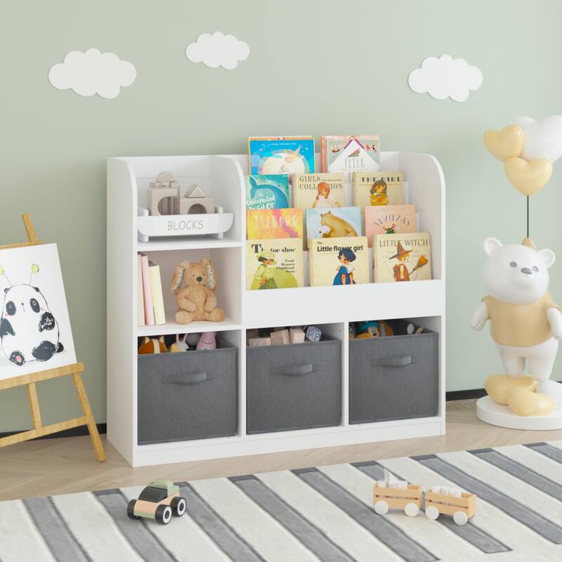 Anmytek Toddler Bookcase with 3 Collapsible Fabric Drawers Storage Organizer for Bedroom Playroom Hallway