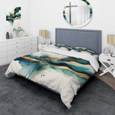 Designart "Teal And Gold Abstract Expression III" Turquoise Modern - Bed Cover Set With Shams