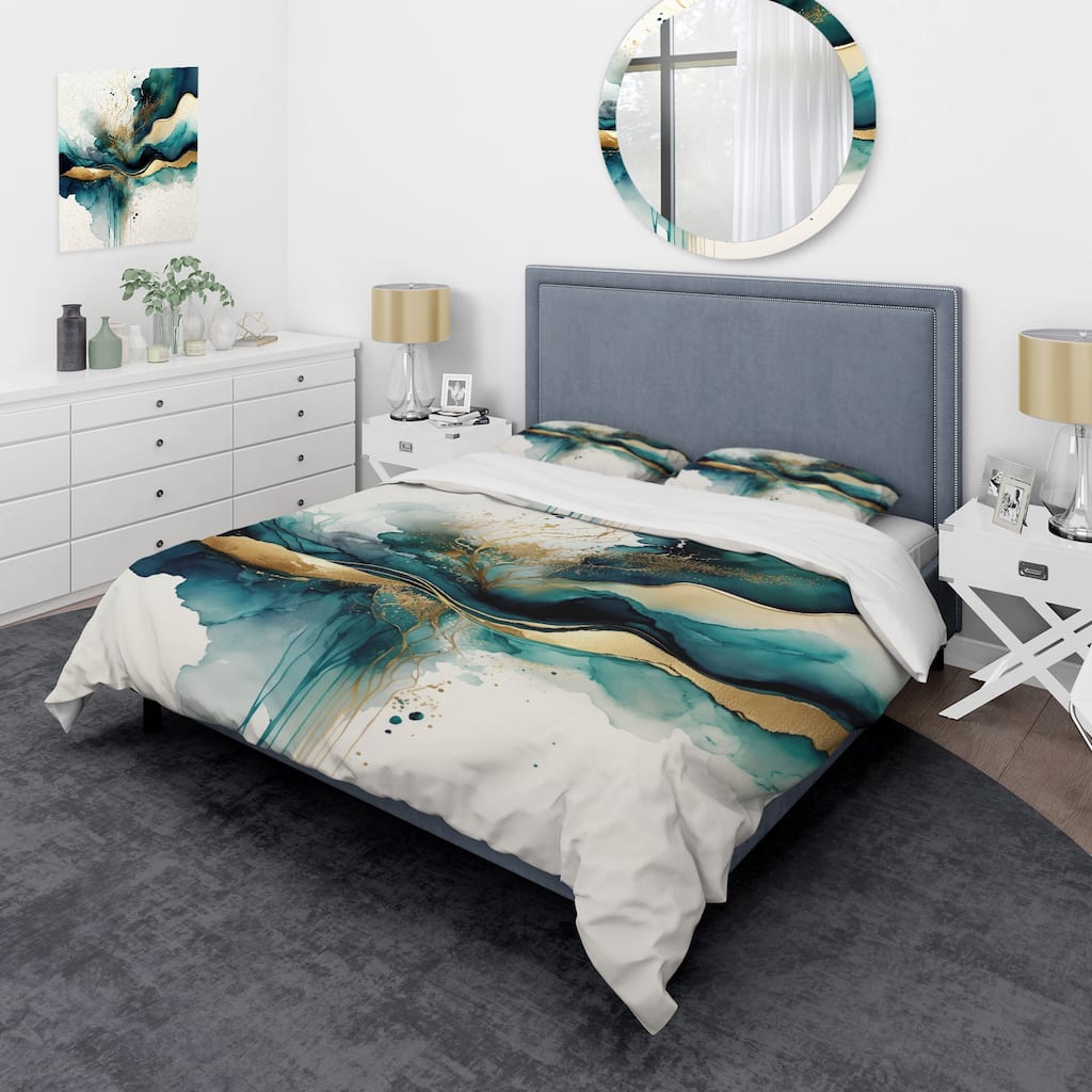 Designart "Teal And Gold Abstract Expression III" Turquoise Modern - Bed Cover Set With Shams