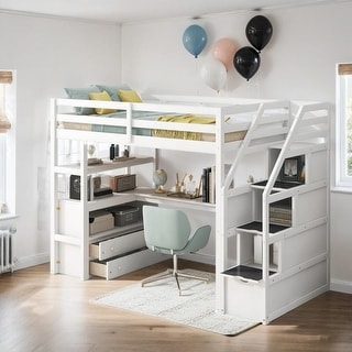 Twin Loft Bed with Desk and Shelves, Drawers, Storage Staircase, White