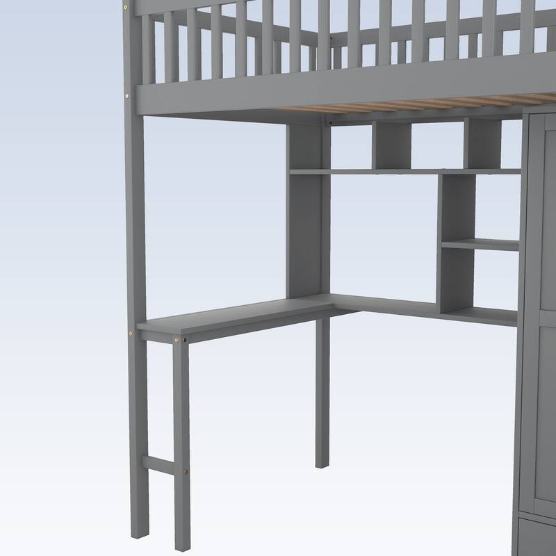 Modern Twin size Loft Bed with Bookshelf,Drawers,Desk,and Wardrobe