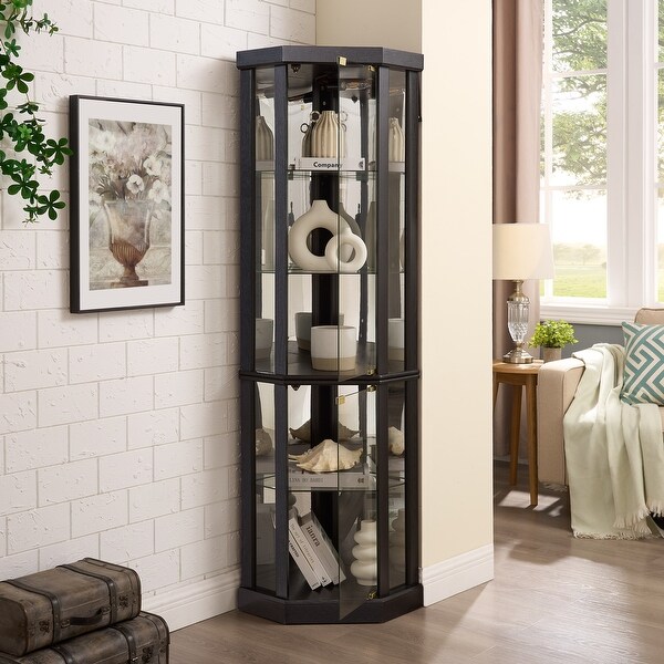 Corner Display Cabinet with Glass Door, Shelves & Light - On Sale