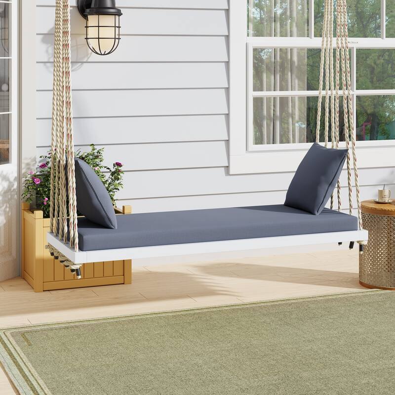 Premium Wooden Porch Swing Chair with Cushion Set - 10.8FT Weather-Resistant Hemp Rope Hanging Bench for Outdoor, Lawn, Deck - White