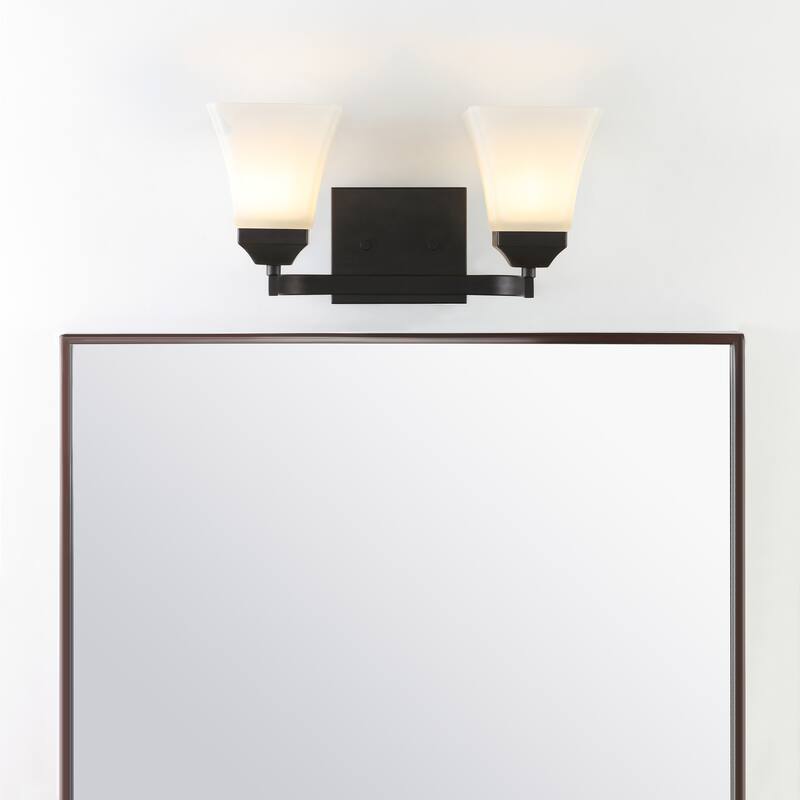Staunton Iron/Glass Modern Cottage LED Vanity Light, Oil Rubbed Bronze by JONATHAN Y - 2 Light - Oil Rubbed Bronze