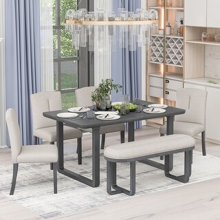 Gray+Beige Retro-Style 6-Piece Dining Set with Foam-Covered Seat Backs ...