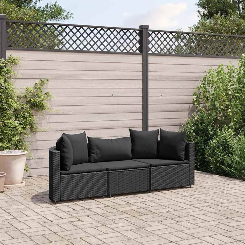 vidaXL Patio Sofa Set with Cushions Lounge Setting Outdoor Furniture Poly Rattan - 9.8 x 9.8 x 8.9 - Black 3 Piece
