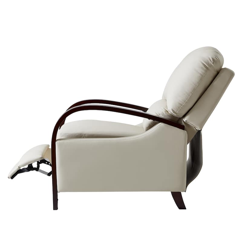 Alex Mid-century Modern Genuine Leather Manual Recliner with Wooden Curved Arms