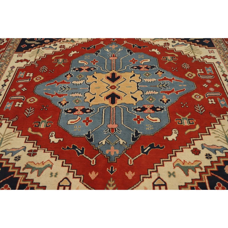 Hand Knotted Oriental 100% Wool Carpet Traditional Medallion Oranges & Rust Heriz (serapi) Area Rug - 9' 10'' X 8' 0''