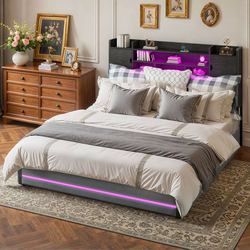 Velvet Upholstery Bed Frame With 4 Underbed Storage Drawer, LED Lights And Charging Station