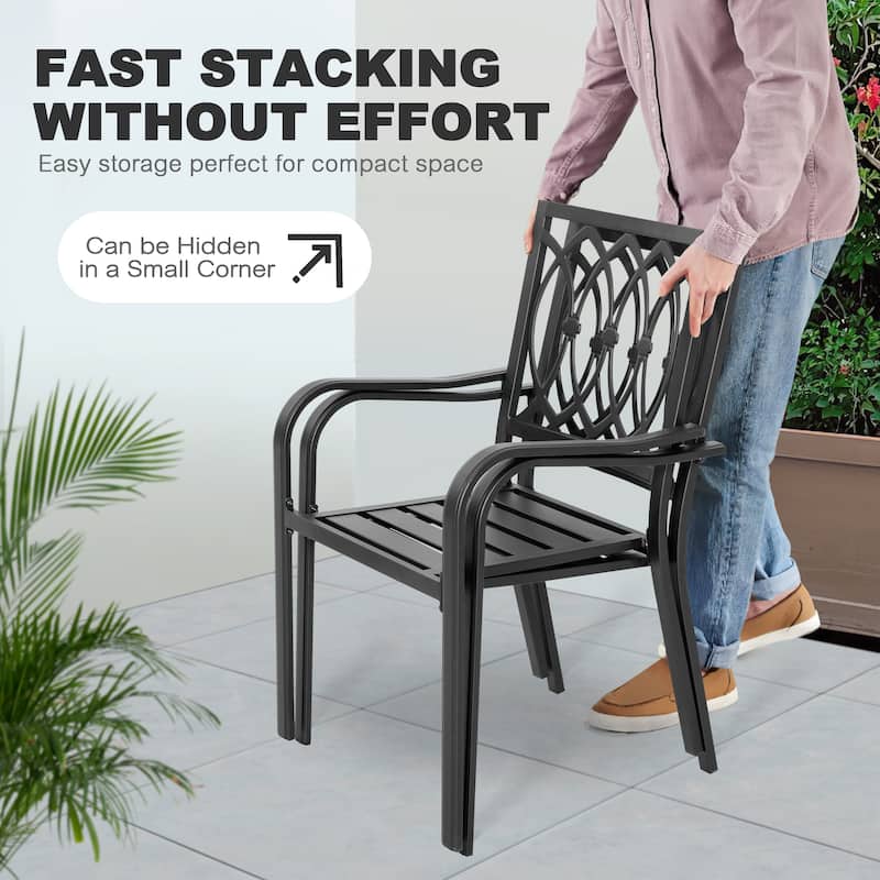 Patio 2-Piece Iron Dining Chairs with Ventilated Slatted Seat and Stackable Design