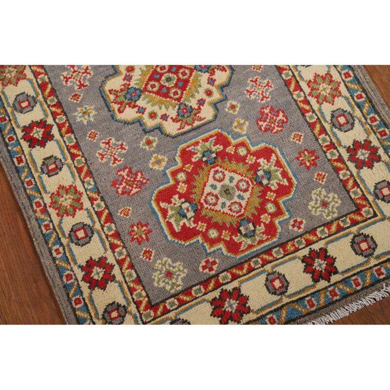 Gray Geometric Kazak Oriental Foyer Rug Handmade Wool Carpet - 2'0" x 3'0"