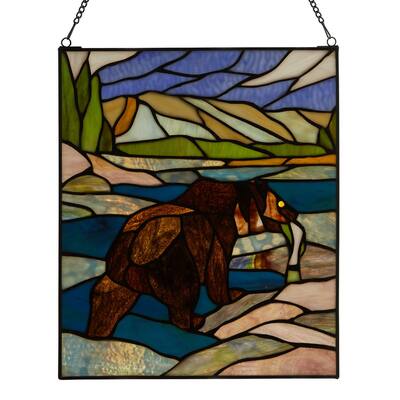 River of Goods Fishing Bear Scene River of Goods Stained Glass Window Panel - 12" x 0.25" x 14"