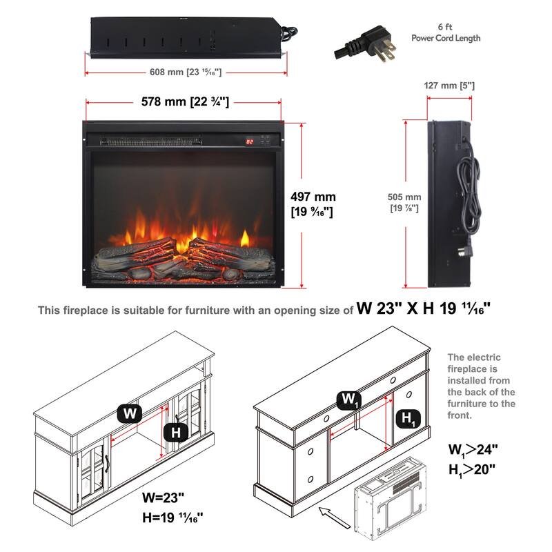 23 inch electric fireplace insert, ultra thin heater with log set & realistic flame, remote control with timer