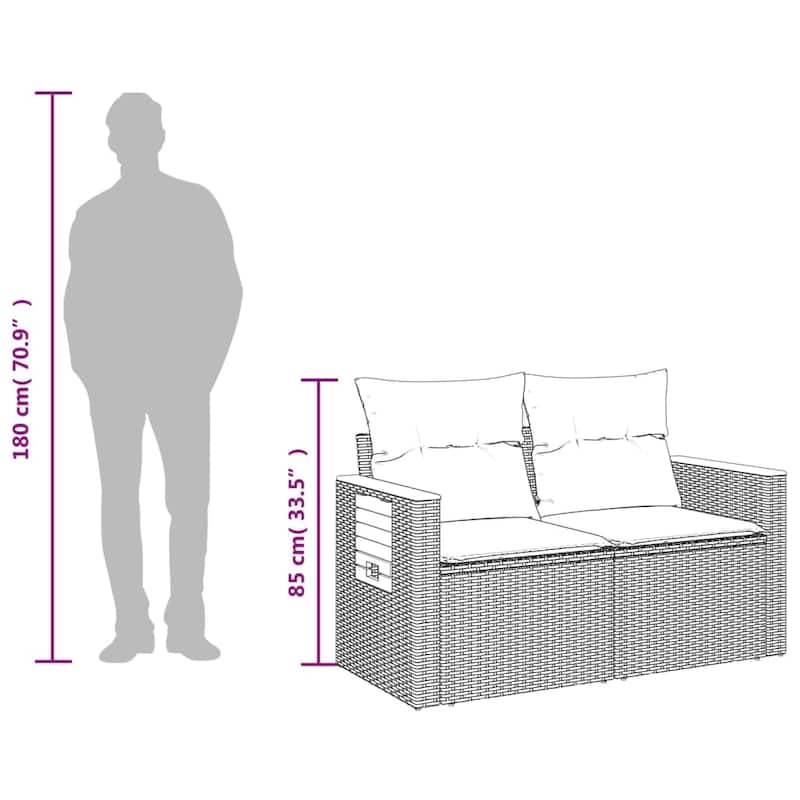 vidaXL Patio Sofa with Cushions 2-Seater Gray Poly Rattan - 48.8 x 24.4 x 27.2