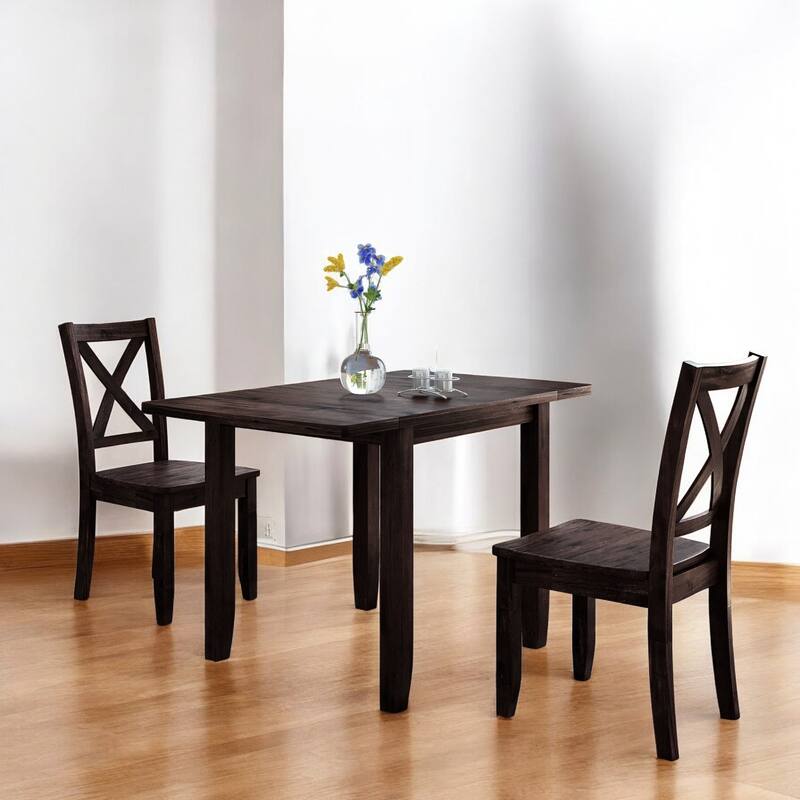 3-Piece Solid Wood Drop Leaf Dining Table Set with 2 X-back Chairs, Space-Saving Design for Small Dining Rooms and Apartments - Espresso