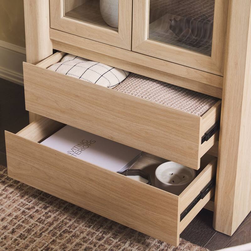 Walker Edison Modern Wood Bookshelf with Glass Doors and Drawer Storage