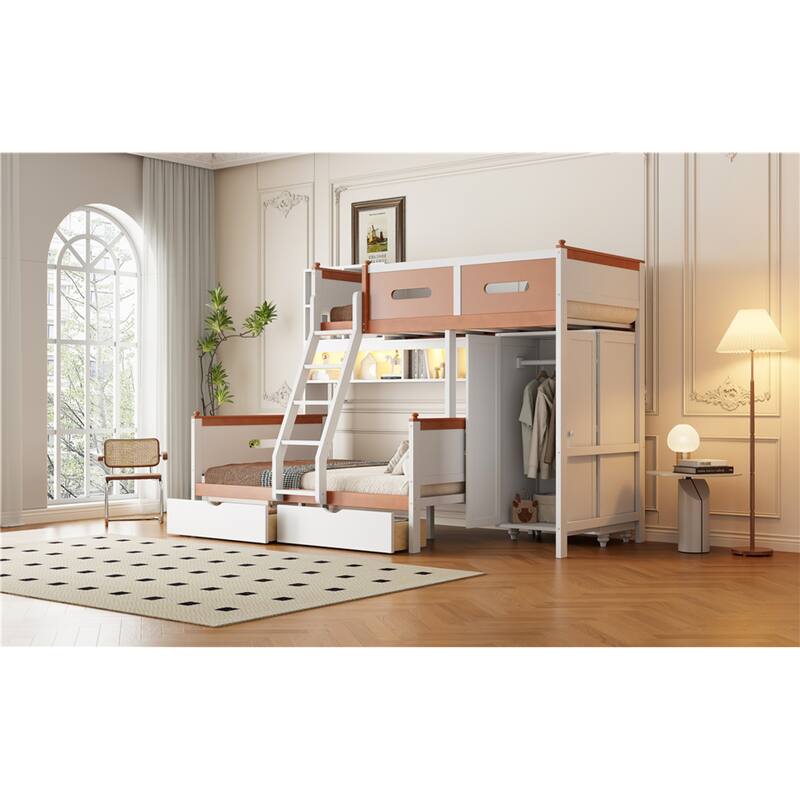 Roomfitters Twin Over Full Bunk Bed System with Tall Cabinet, Storage Compartments and LED Lighting, White and Orange Finish
