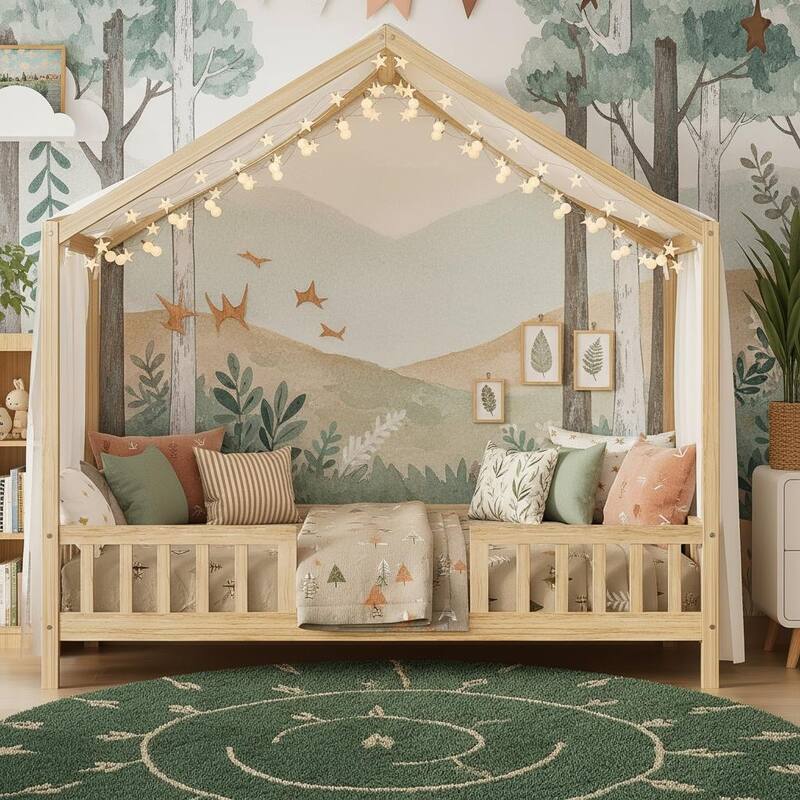 Whimsical Montessori-Inspired Floor Bed with Canopy & Full Safety Rails by Harper&Bright Designs