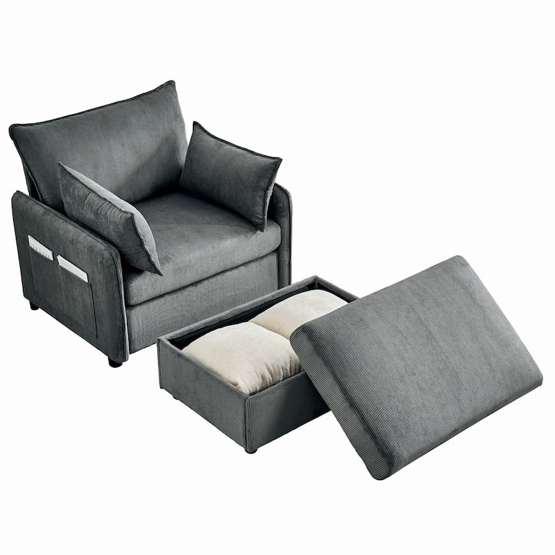 Corduroy Lounge Chaise with Ottoman, USB Charging and Hidden Storage