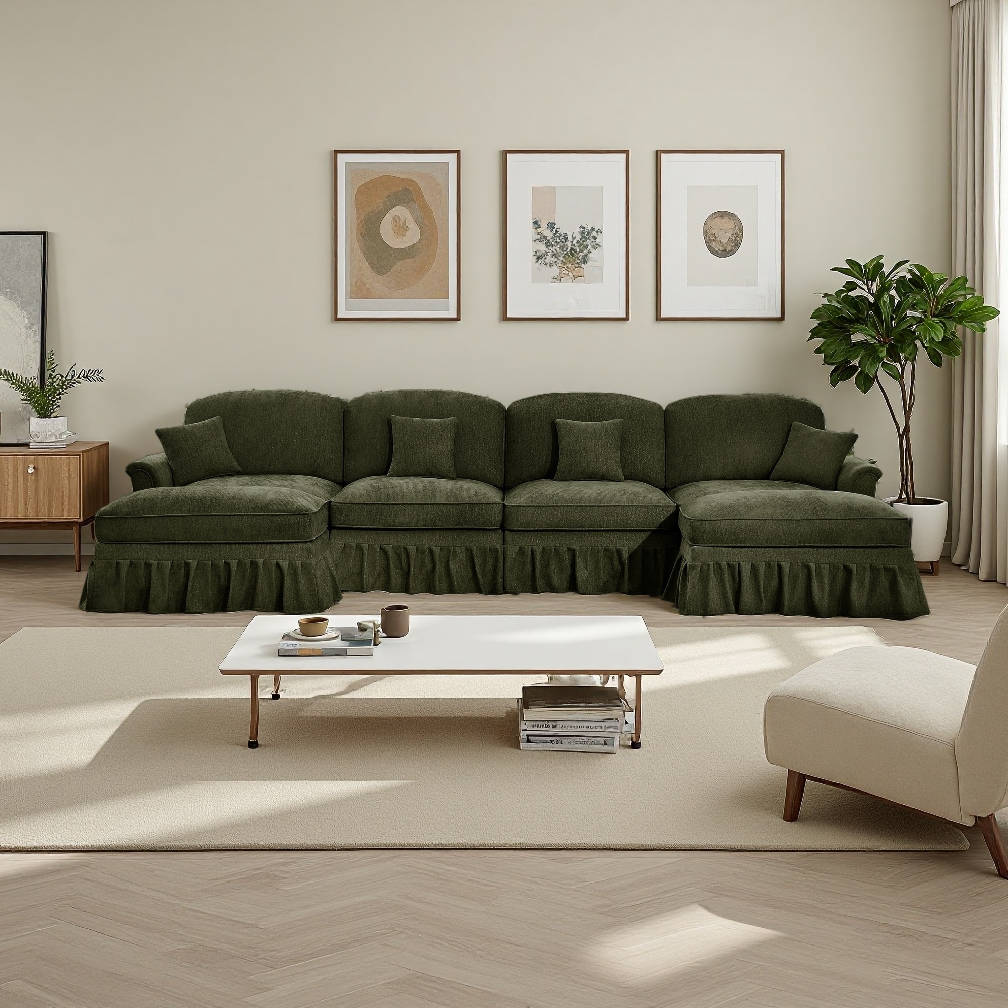 137.8" Chenille U-Shaped Modular Sectional Sofa with Flared Arms, Removable Skirt and Movable Ottomans (4-Seater)