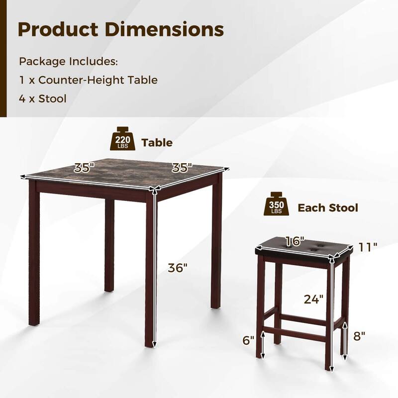 Costway 5 PCS Bar Table Set Square Dining Table & 4 PVC Leather