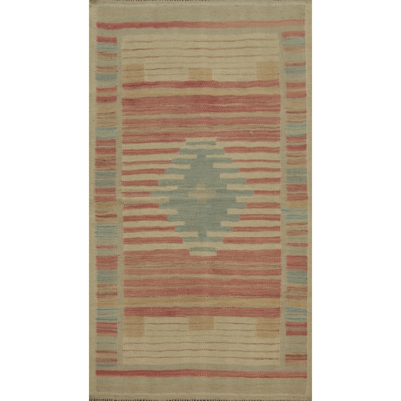 Hand Woven Oriental 100% Wool Carpet Southwestern Tribal Pink Kilim Area Rug - 4' 1'' X 2' 3''