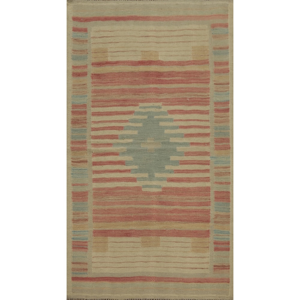 Hand Woven Oriental 100% Wool Carpet Southwestern Tribal Pink Kilim Area Rug - 4' 1'' X 2' 3''