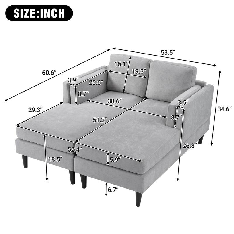 Roomfitters 54 Inch Modern Chaise Lounge Sofa Bed with Dual-Layer Armrests and Deep Seating