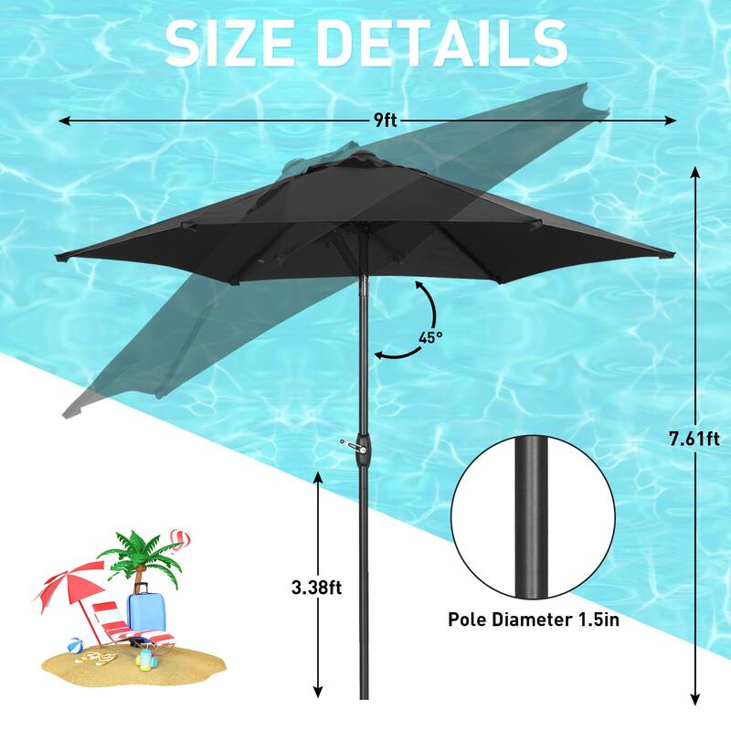 9ft Outdoor Patio Umbrella 6 Ribs with Tilt & Crank.
