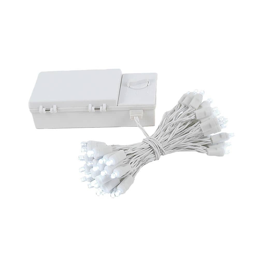 50 Light LED Battery Christmas Mini Light Set, White Wire, 18' Long
