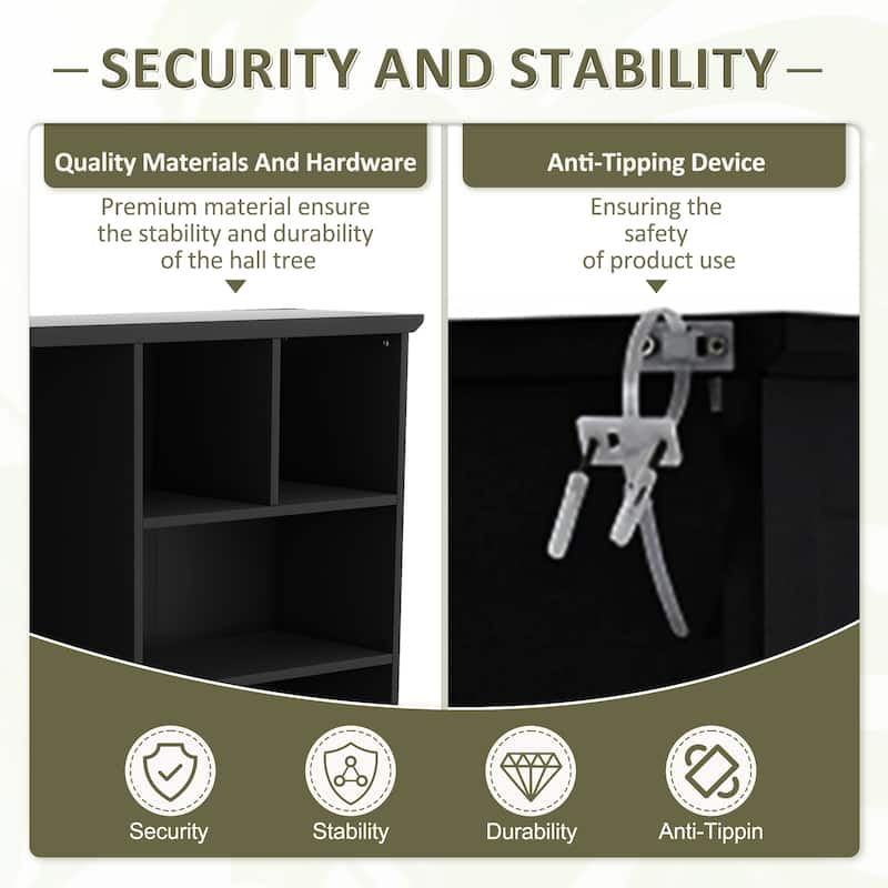 Anmytek Black 5 in 1 Hall Tree Entryway Storage Organizer with Shoe Bench Hooks Cabinet