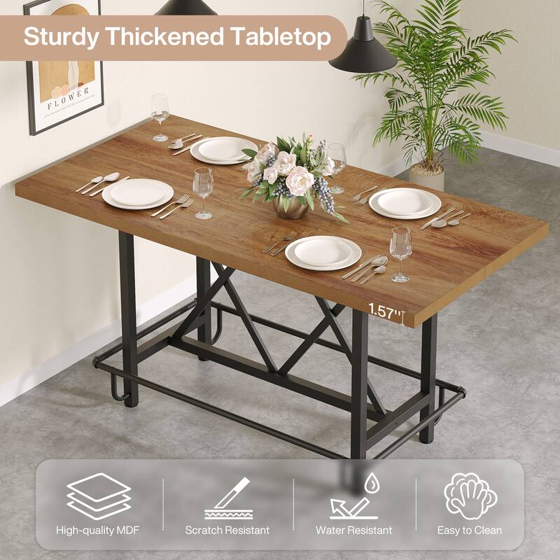 63" Long Wood Dining Table for 4-6 People, Farmhouse Dinner Table with Thick Tabletop, Kitchen Table with Footrest
