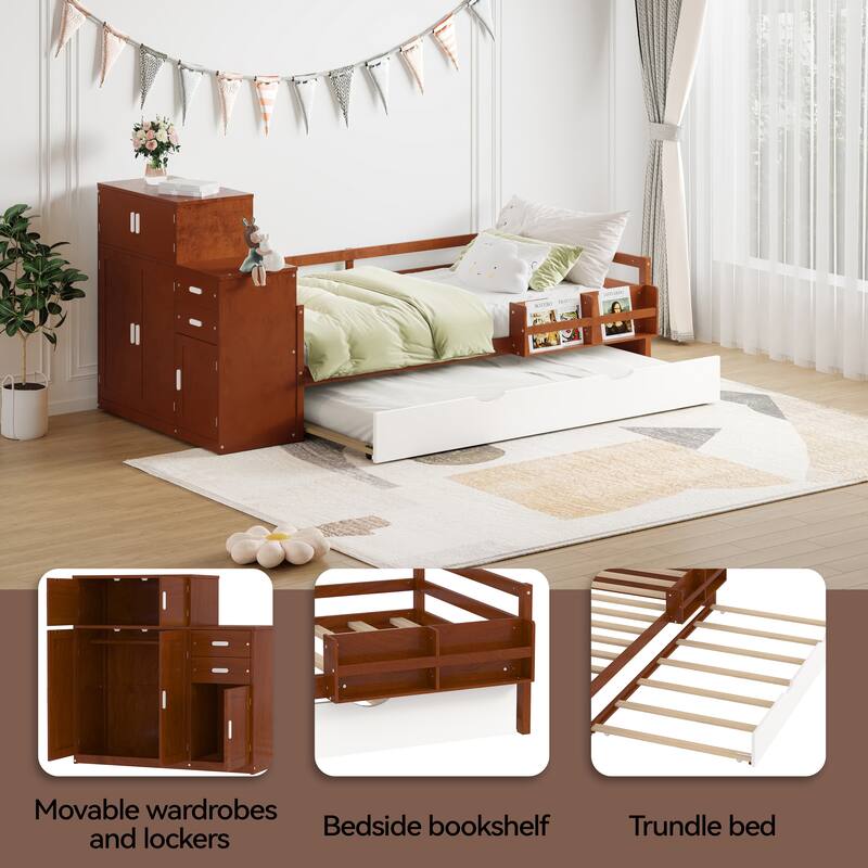 Multifunctional Twin Wood Platform Bed with Bookshelf, Wardrobe, and Trundle, Walnut Finish