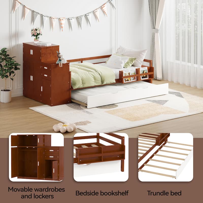 Twin Size Wood Platform Bed with Sample Bookshelf and Movable Wardrobe, Multifunctional Bed with Built-in Trundle Bed, White