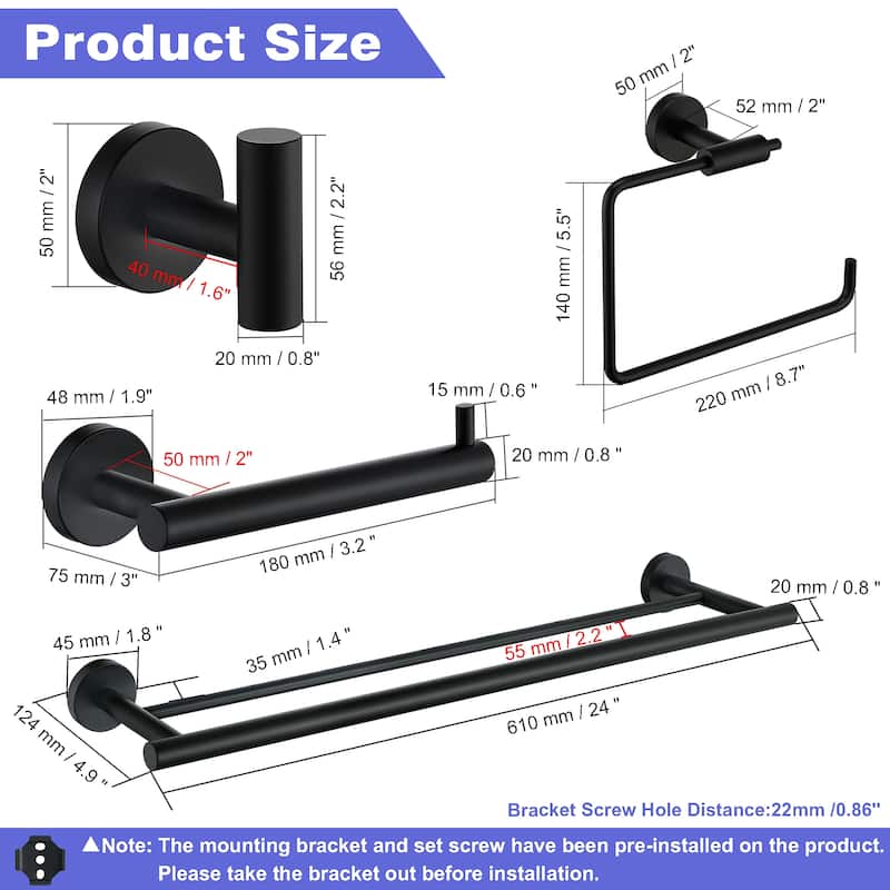 AITINKAN 5-Piece Bathroom Hardware Set Towel Ring Set in Matte Black