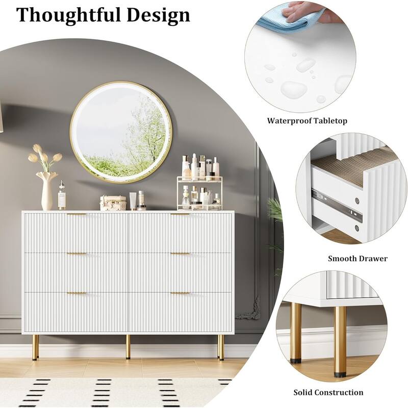 Fluted 6 Drawer Dresser for Bedroom, Large Chest with Gold Handle, Modern Wood Organizer for Living Room or Hallway