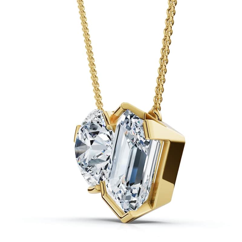 Bliss Diamond 2Ct Toi Et Moi Round & Emerald Diamond Pendant Gold 18" Necklace Lab Grown - Yellow