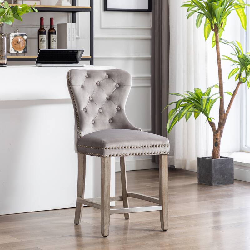 Carter 29" Wingback Tufted Nailhead Bar Stool with Antique Grey Legs
